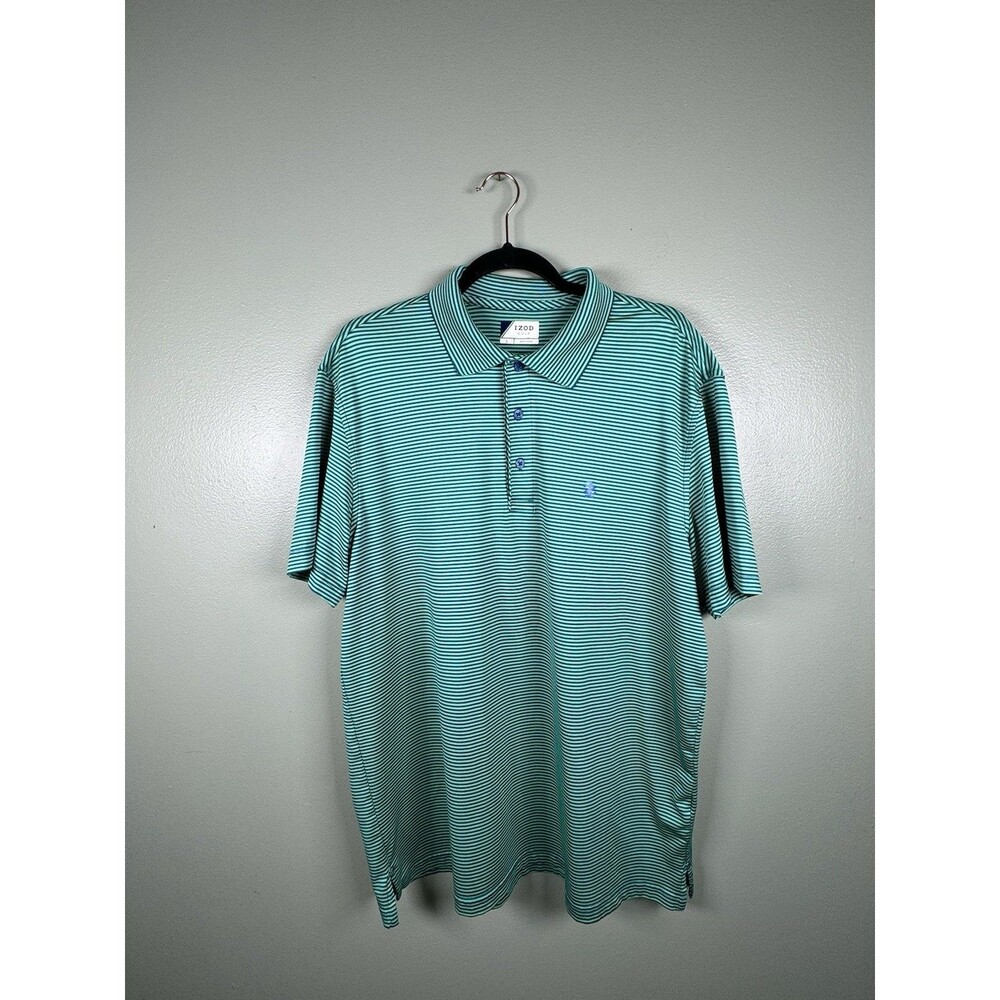 IZOD Golf Polo Shirt Mens Large Blue Green Striped Stretch Short Sleeve Collared